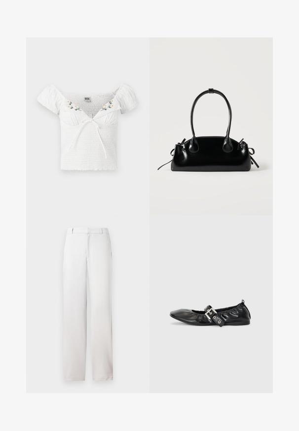 Haut blanc à épaules dénudées avec un tissu smocké, des manches courtes bouffantes, une broderie florale au niveau du col et un détail de nœud à l'avant.; Pantalons blancs à coupe droite, en tissu lisse. Dotés de poches latérales et d'une taille épurée. Look minimaliste et neutre.; Chaussure plate en cuir noir avec un nez pointu, des détails froncés autour de l'ouverture et un accent en boucle argentée sur la bride ajustable.; Petit sac à main noir brillant avec deux longues anses et des détails à cordon sur les côtés sur un fond clair uni.