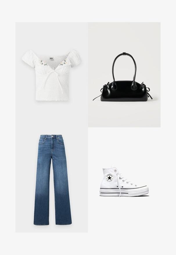 Top blanco sin mangas con tela fruncida, mangas cortas abullonadas, bordado floral en el escote y detalle de lazo en la parte delantera.; Vaqueros de pierna ancha en azul medio con un efecto de aclarado gradual hacia el dobladillo, presentando un cierre estándar de botón y cremallera.; Zapatilla blanca de caña alta Converse Chuck Taylor All Star con parche de logo negro y cordones blancos, presentada sobre fondo blanco.; Pequeño bolso negro brillante con dos asas largas y detalles de cordón lateral sobre un fondo claro liso.