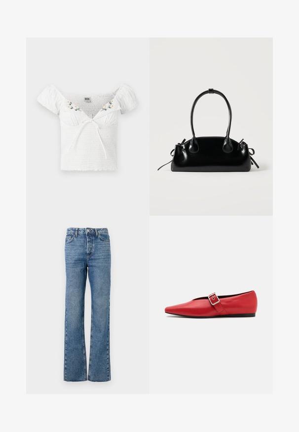 Haut blanc à épaules dénudées avec un tissu smocké, des manches courtes bouffantes, une broderie florale au niveau du col et un détail de nœud à l'avant.; Jean bleu évasés en denim. Comprend cinq poches, une fermeture à bouton et à glissière, avec un motif décoloré sur les jambes et une coupe droite.; Ballerine en cuir rouge avec une pointe pointue, comportant une lanière sur le côté avec une boucle en métal et un petit talon noir. Texture lisse sur l'ensemble.; Petit sac à main noir brillant avec deux longues anses et des détails à cordon sur les côtés sur un fond clair uni.