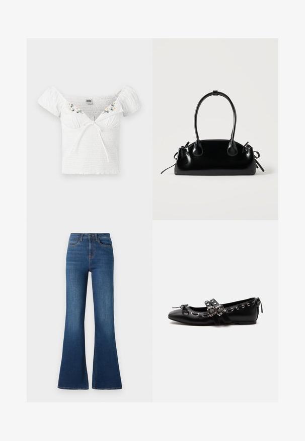 Top blanco sin mangas con tela fruncida, mangas cortas abullonadas, bordado floral en el escote y detalle de lazo en la parte delantera.; Jeans de denim acampanados hechos de un material de algodón de peso medio, con un lavado azul profundo, costuras en contraste y un diseño tradicional de cinco bolsillos.; Zapato de ballet plano negro con correas de doble hebilla, ojales plateados y un pequeño lazo cerca de la puntera redondeada sobre un fondo blanco.; Pequeño bolso negro brillante con dos asas largas y detalles de cordón lateral sobre un fondo claro liso.