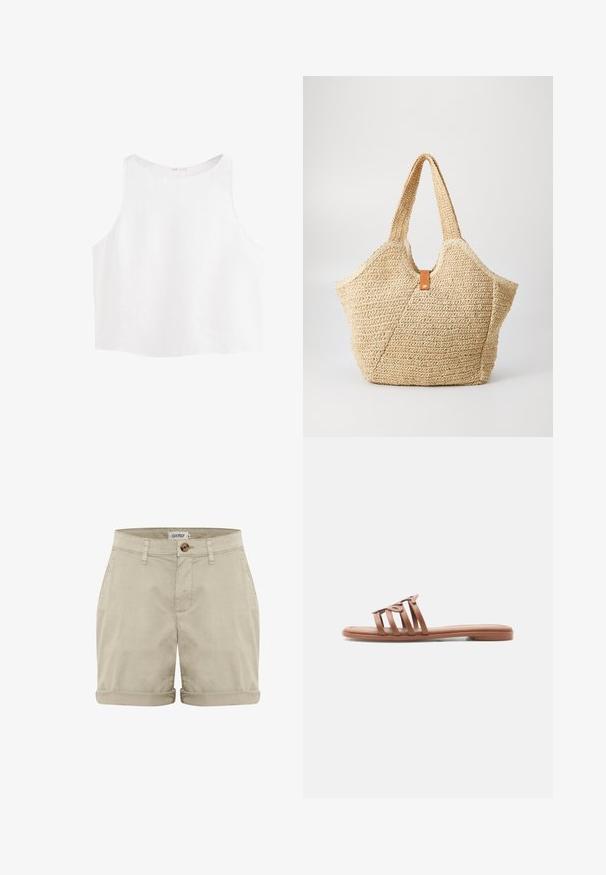 Hvid ærmeløs crop-top med brede ærmegab og rund halsudskæring, lavet af letvægtsstof.; Beige bomuldsshorts med oprevet kant, med en frontknaplukning og syede lommer. Glat tekstur med minimal dekoration.; Flad brun slip-in sandal med fire tynde stropper, hvoraf en har en dekorativ løkke, vist i profil mod hvid baggrund.; Stor stråtask med en tekstureret, beige yderside og to brede håndtag. Har et læderbånd som lukning.