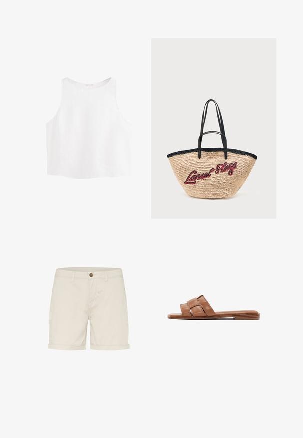 Haut court blanc sans manches avec de larges emmanchures et un col rond, fabriqué en tissu léger.; Shorts en coton beige clair avec une fermeture à bouton, des revers pliés et des poches latérales. Texture lisse et design ajusté pour le confort.; Sandale plate marron à enfiler avec tige en cuir, présentant une large bride et des détails découpés, ainsi qu'une semelle fine avec un léger talon.; Sac fourre-tout tissé beige avec bordure et poignées noires, avec texte rouge en écriture cursive "Local Vibe" brodé sur le devant.