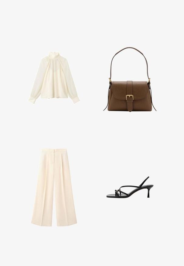 Blouse écrue à manches longues, col haut, empiècement froncé, coupe ample, poignets boutonnés et fermeture éclair au dos.; Pantalon crème taille haute à jambes larges avec plis devant et fermeture dissimulée par boutons et zip.; Sandale en cuir noir à fines lanières, talon stiletto bas et deux petites boucles dorées près de la bride de l’orteil.; Sac à bandoulière en cuir marron avec rabat avant et boucle dorée, disposant d'une bandoulière réglable avec ferrures dorées sur fond blanc.