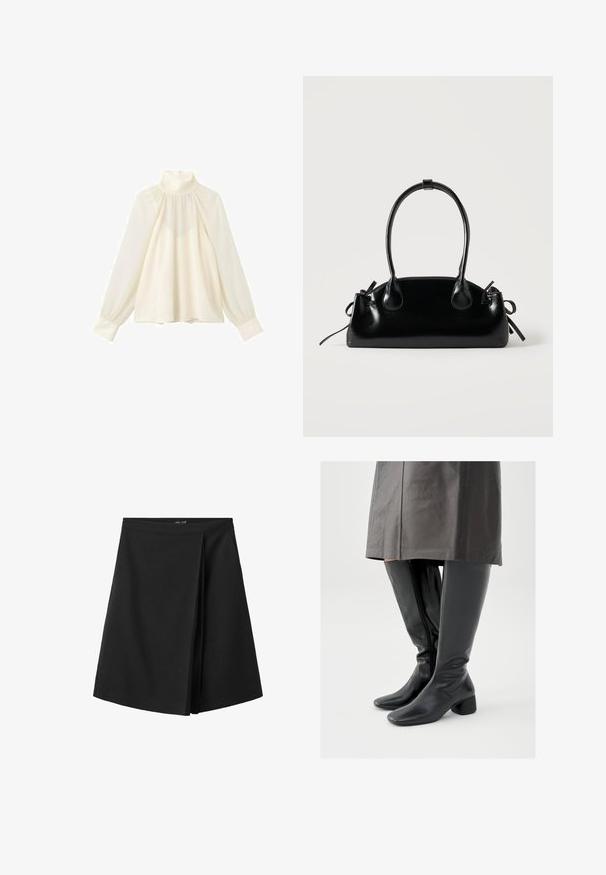 Blouse écrue à manches longues, col haut, empiècement froncé, coupe ample, poignets boutonnés et fermeture éclair au dos.; Jupe noire longueur genou avec une ceinture droite et un détail de pli superposé à l'avant, présentée sur fond blanc.; Bottes en cuir noir montant jusqu'au genou avec un bout carré, un talon bloc incliné et une fermeture éclair latérale ; texture lisse et design ajusté.; Petit sac à main noir brillant avec deux longues anses et des détails à cordon sur les côtés sur un fond clair uni.