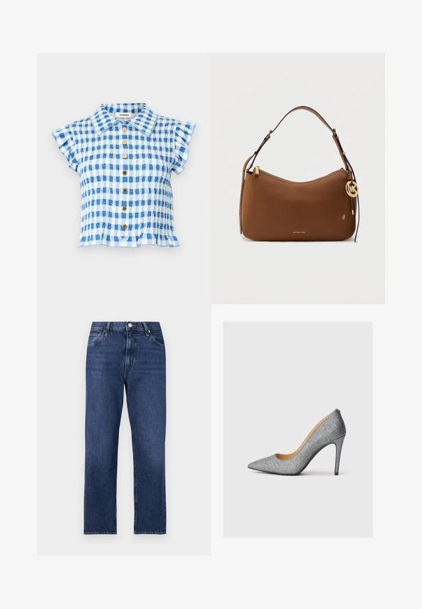 Blauw-wit geruite blouse met korte mouwen, gerimpelde mouwen, goudkleurige knopen aan de voorkant, kraag en geplooide stoftextuur.; Denim jeans in een donkerblauwe wassing. Rechte pijpen met vijf-pocket stijl, sluiting met een knoop aan de voorkant en contrasterende stiksels.; Zilveren glanzende hoge hakken met een spitse neus en een slanke silhouet, met een soepele binnenvoering en een duurzame zwarte buitenzool.; Bruine leren schoudertas met een gebogen vorm, gouden hardware accenten en een logo bedeltje; voorzien van een ritssluiting en verstelbare riem.