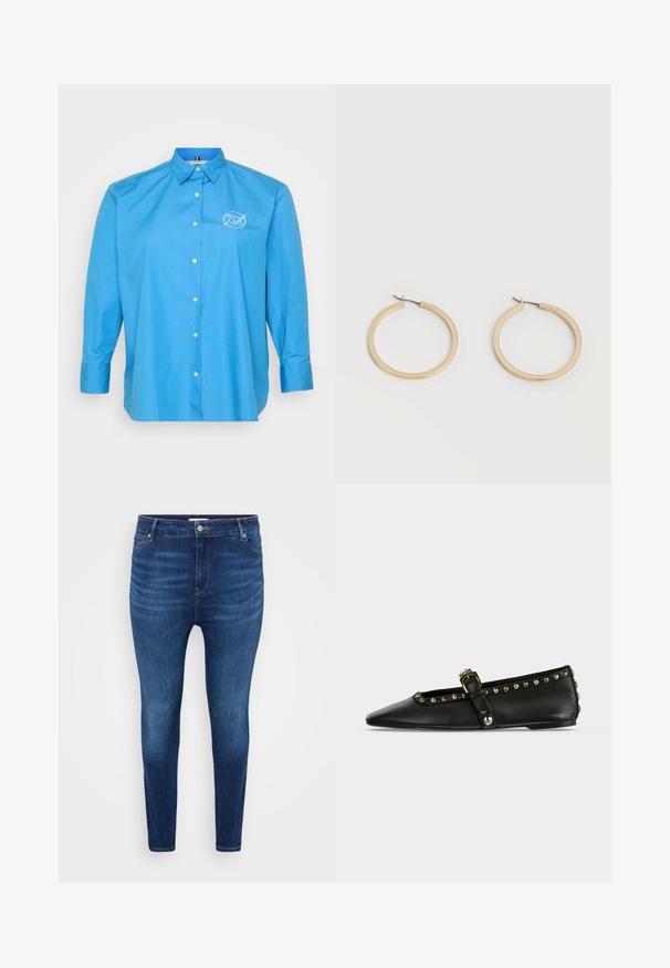 Lyseblå skjorte med lange ærmer og knaplukning, der har en klassisk krave, hvid broderet logo og en frontknaplukning med en subtil glans.; Mørkeblå skinny jeans med forlommer, bæltestropper og knaplukning på en ensfarvet lys baggrund.; Sort, spids flad sko med rem, guld- og sølvnitter langs kanten og et dekorativt metalspænde på lys baggrund.; Par af glatte guldfarvede mellemstore øreringe med hængsellukning på en ensartet lys baggrund.