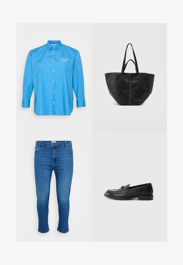 Lyseblå skjorte med lange ærmer og knaplukning, der har en klassisk krave, hvid broderet logo og en frontknaplukning med en subtil glans.; Blå denim jeans med høj talje, frontknap og lynlås, fem lommer og smal lige pasform.; Sorte læder loafers med rund tå, en syet design og en sløjfeaccent på overlappen. Lav blokhæl og glat tekstur.; Sort lædertaske med to håndtag og kontrastfuld hvid syning, med en bred, struktureret form og detaljer med central søm.