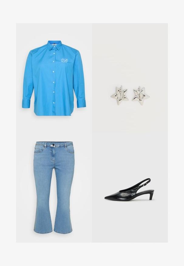 Lyseblå skjorte med lange ærmer og knaplukning, der har en klassisk krave, hvid broderet logo og en frontknaplukning med en subtil glans.; Lys blå denim flared jeans med fem lomme-design, der har en knaplukning og kontrasterende syninger langs sømmene.; Sort læder slingback hæl med spidse tæer, lav kitten hæl og justerbar spænde-bånd. Glat tekstur med minimal dekor.; Sølv stjerneformede øreringe med en glat, poleret finish på en ensfarvet hvid baggrund.