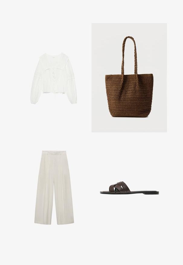 Hvid bluse med lange ærmer, bred krave, blonde detaljer, opsamlede manchetter og bindelukning foran, vist på en enkel baggrund.; Bredde bukser i lys beige med lodrette hvide striber. Har høj talje, plisseret front og glat tekstur.; Flad mørkebrun sandel med tre brede krydsende læderremme og en tynd sål.; Brun flettet mulepose med to flettede håndtag, rektangulær krop og åben top, sat op mod en ensfarvet lys baggrund.