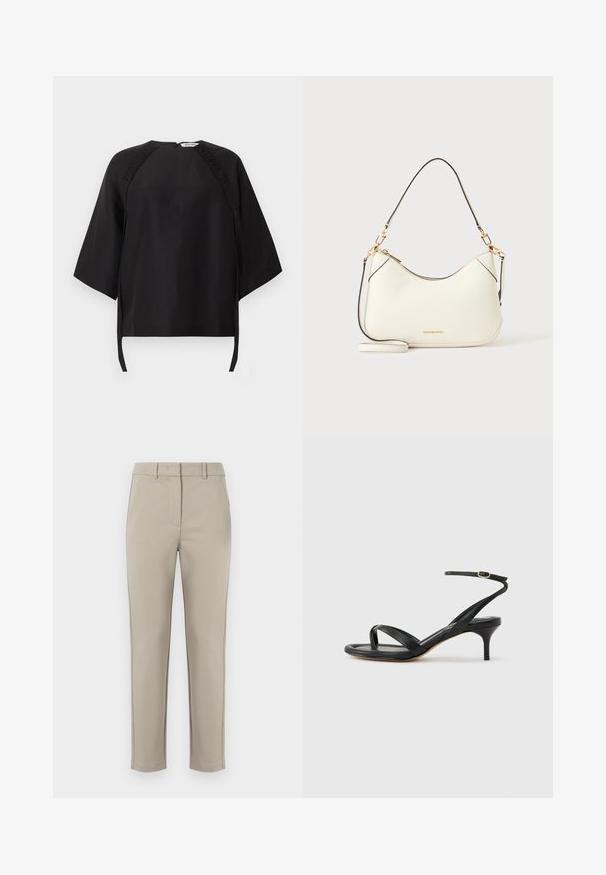 Schwarze locker sitzende Bluse mit weiten Dreiviertelärmeln, rundem Ausschnitt und gerafften Details entlang der Schulternähte.; MM by MaxMara EFFETTO - Stoffhose - sand; Schwarze Ledersandale für Damen mit dünnen Riemchen, einer Zehenlasche, einer Knöchelschnalle und einem mittelhohen Stöckelabsatz vor neutralem Hintergrund.; Weiße Schultertasche aus Leder mit goldener Hardware, schwarzen Akzenten und abnehmbarem Riemen. Michael Kors Logo in Gold unten mittig.