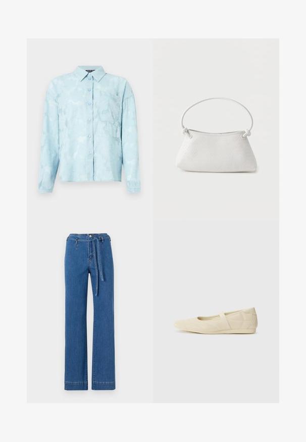 Camisa de patrón floral en azul claro, hecha de tela transparente, con cuello, cierre de botones en el frente y un bolsillo en el pecho. Mangas largas con puños.; Pantalones anchos de mezclilla azul con cintura ceñida, que presentan costuras bordadas y un diseño clásico de cinco bolsillos. Textura suave, corte recto.; Bailarinas beige con un exterior de cuero liso, punta en forma de almendra y una correa elástica en el empeine, con detalles de costura sutiles.; Bolso de mano de cuero blanco tejido con asa redondeada y extremos de la correa anudados, exhibido sobre un fondo liso.