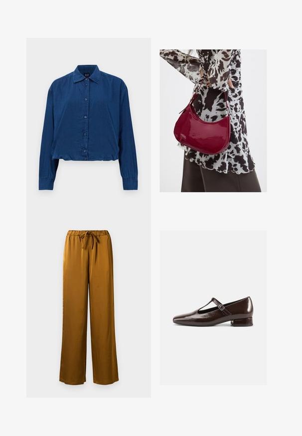 Chemise en denim bleu foncé à manches longues avec fermeture à boutons, col classique, poignets froncés et ourlet court, fabriquée par GAP.; Pantalons larges en satin marron avec une taille élastique et un cordon de serrage. Texture lisse et design pleine longueur avec une coupe décontractée.; Chaussures Mary Jane en cuir verni marron avec un bout arrondi, un design ajouré et une bride réglable. Talon bas bloc.; Femme portant un chemisier à motif noir et blanc tenant un sac à main rouge brillant sur un fond uni.