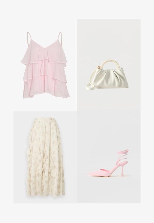 Top sin mangas de color rosa claro, con capas, tirantes ajustables y un diseño fluido y acampanado.; Falda larga color crema con sutil patrón floral y detalles de volantes en cascada, confeccionada con tela ligera y translúcida.; Zapatos de tacón alto rosas con punta afilada, acabado satinado y tira en el tobillo con detalles entrecruzados. Silueta elegante y tacón fino.; Pequeño bolso blanco con cuerpo fruncido, asa redonda adornada con perlas y una correa de hombro desmontable sobre un fondo liso.