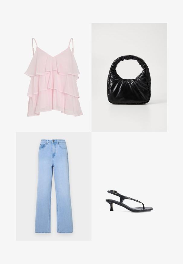 Helles rosa, geschichtetes ärmelloses Top mit verstellbaren Spaghettiträgern und einem fließenden, Rüschendesign.; Hellblaue High-Waist-Jeans mit weitem Bein, aus Denim gefertigt. Hervorgehobene Nähte und Fünf-Taschen-Design.; Schwarze Ledersandale mit schlankem Design, dünnen Riemen und einem kleinen Absatz. Verfügt über eine Schnallenakzent und eine glatt strukturierten Fußbett.; Schwarze gepolsterte Handtasche mit einem runden Griff, die eine glatte, glänzende Oberfläche und eine weiche, gestepfte Textur aufweist. Keine sichtbare Hardware oder Akzente.