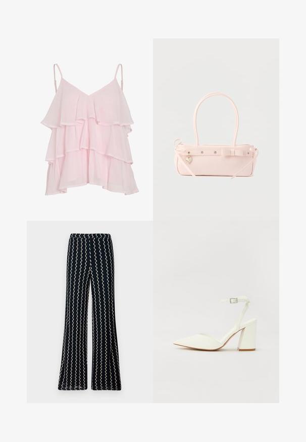 Lys pink lagdelt ærmeløs top med justerbare spaghetti stropper og et svævende, flæset design.; Marineblå, flagrende bukser med en struktureret stof, der har bølgede kremfarvede striber kørende lodret, samt en komfortabel elastisk talje.; Hvide hælede sandaler med spids tå, justerbar ankelrem og en kraftig firkantet hæl. Glat tekstur med minimale syninger.; Lyserød rektangulær håndtaske med dobbelte håndtag, dekorativ sløjfe, metalnitter og lille hjerteformet vedhæng på en ensfarvet baggrund.