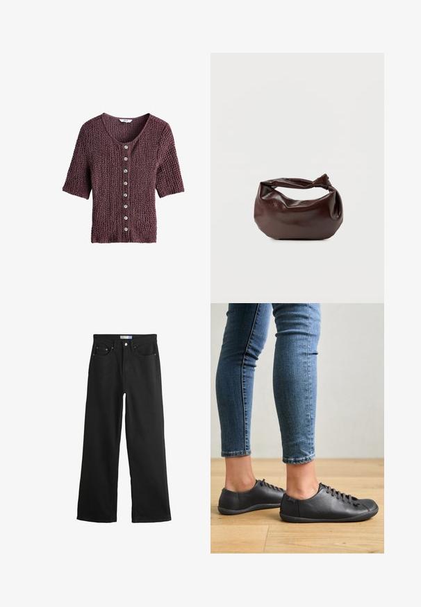 Kortelmige cardigan van gestructureerde brei in diep mauve met een ronde hals en een rij kleine, ronde knopen aan de voorkant.; Zwarte denim jeans met brede pijpen, vooraan knopen, rits, riemlussen en een ontwerp met vijf zakken.; Zwarte leren schoenen met een ronde neus, lage profiel en vetersluiting. Gecombineerd met blauwe, aansluitende jeans en een houten vloer als achtergrond.; Donkerbruine leren schoudertas met een zachte, slungelige vorm en een gedraaide knoopvormige handgreep op een effen witte achtergrond.