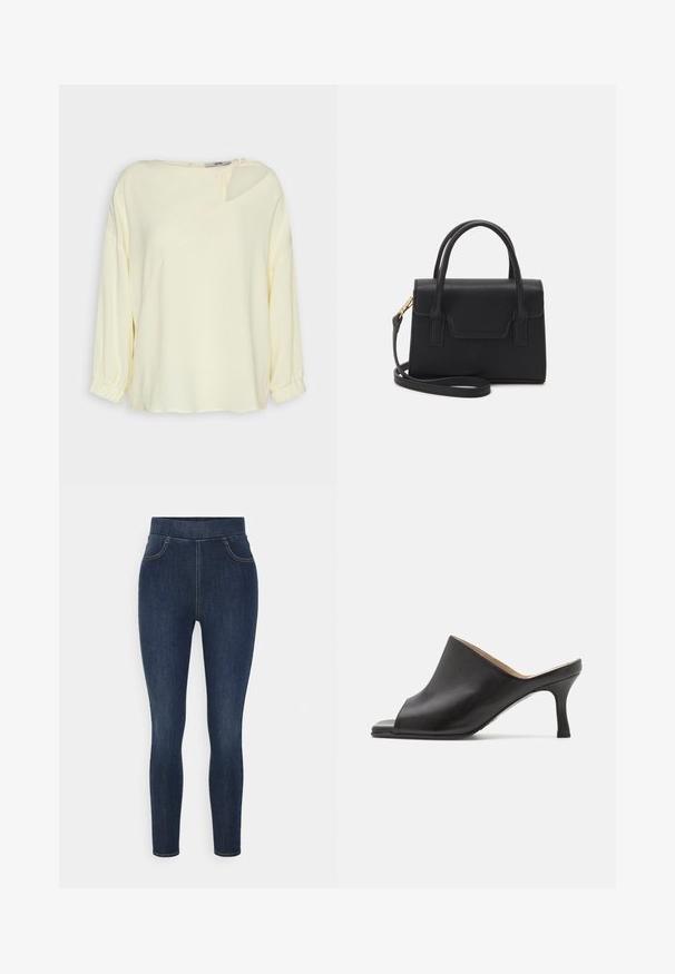 Esprit SG TWIST CUTOUT BL - Blusa - ice; Jeggings de mezclilla azul oscuro con una alta cintura, corte ajustado y un desvanecimiento sutil. Incluyen bolsillos frontales y una textura suave y lisa.; Selected ASHLEY - Mules de tacón - black; Bolso estructurado negro de cuero con un asa superior, correa de hombro desmontable y un detalle de tapa en la parte frontal. Acentos en dorado.