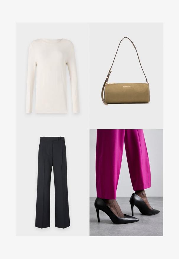 Langermet skjorte i off-white, lavet af blødt materiale, med rund halsudskæring og et enkelt, tætsiddende design. Glat tekstur, ingen mønstre.; Mørkeblå stribede bukser med høj talje, vidde bendesign og ingen synlig hardware eller dekorationer. Glat tekstur og skræddersyet pasform.; Sorte højhælede sko med spids tå-design og glat læderstruktur. Kombineret med lyserøde, skræddersyede bukser.; Olivengrøn cylindrisk lædertaske med en tynd justerbar rem og gyldt Michael Kors-logo foran.