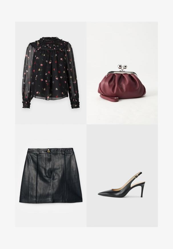 Blouse noire transparente avec col à volants, manches longues et poignets élastiques. Présente un imprimé floral aux teintes rouges, roses et bleues.; AERON RUDENS SKIRT - Jupe trapèze - black; Escarpins en cuir noir avec une pointe fine, une bride ajustable et un talon aiguille élégant, présentant une finition lisse.; Petit sac pochette en cuir bordeaux avec fermoir métallique argenté et bracelet sur fond blanc.