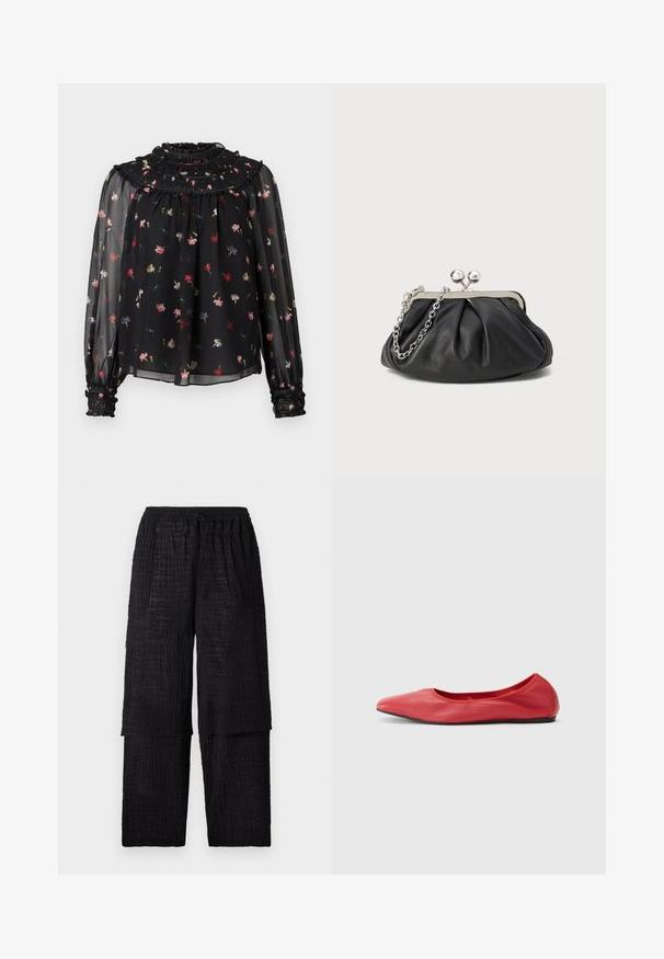 Sort gennemsigtig bluse med flæsekrave, lange ærmer og elastiske manchetter. Har et blomsterprint i røde, lyserøde og blå nuancer.; Henrik Vibskov SHANTS PANTS - Bukser - black; Filippa K REY FLATS - Ballerinasko - bright red; Sort læder clutch med samlet tekstur, sølvfarvet metalramme, kys-lås lukning og kædestrop. Glat, blød overflade.
