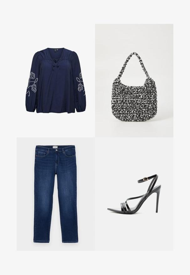Dunkelblaue Bluse mit langen Puffärmeln, weißer Blumenstickerei auf den Ärmeln, gerafftem Ausschnitt und einer vorderen Knoten-Detail.; Dunkelblaue Denim-Jeans im geraden Schnitt, mit Fünf-Taschen-Design, sichtbaren Nähten und einem Metallknopfverschluss am Bund.; Schwarze Sandale mit hohem Absatz und dünnen Riemen über den Zehen und am Knöchel, mit einer goldenen Schnalle an einem schlanken Stiletto-Absatz.; Gewebte Handtasche in Schwarz und Weiß mit runder Form, strukturiertem Oberflächenfinish und geflochtener Grifffläche. Geeignet für den lässigen Gebrauch.