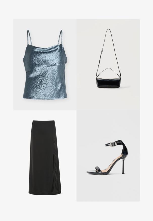 Top de camisola azul de satén sin mangas para mujer, con tirantes finos y detalle asimétrico de capas en el cuerpo.; Falda midi negra hecha de una tela suave, con una abertura lateral y una silueta recta con un brillo sutil. Dobladillo a medida.; Sandalia de tacón alto en piel sintética negra con correa en el tobillo. Presenta un diseño minimalista, punta abierta y una hebilla con detalles de pedrería.; Bolso cruzado rectangular de cuero negro con correa de hombro ajustable, cremallera superior y pequeño logo dorado de Calvin Klein en el frente.