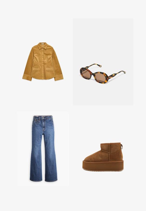 Brun kordfløjlsjakke med lange ærmer, brede manchetter, krave, skjult knaplukning foran og to klaplommer.; Højtaljede blå denimjeans med bred ben-design, som har en frontlomme, messingknaplukning og kontrastsyninger.; Brune ruskindsankelstøvle med en rund tå og en platformsål. Har en lille hæl og en løkke for nem påtagning. Tekstureret overflade med syningsdetaljer.; CHLOÉ Solbriller - havana