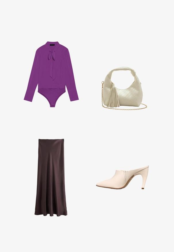 Langærmet lilla bodysuit med krave, bindesløjfe og tætsiddende bund. Glat tekstur med en let blank finish.; Brun, satin maxiskirt med en glat tekstur, udbredt silhuet og en ubrudt linje fra talje til kant. Ingen synlige mønstre eller hardware.; Beige mule med spids tå, mellemhøj buet hæl og minimale syninger nær åbningen på hvid baggrund.; Lille hvid vævet håndtaske med kort håndtag, frynsetassel og gyldent kæderem på hvid baggrund.