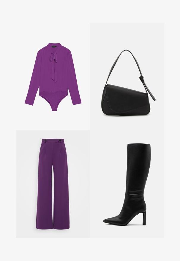 Langærmet lilla bodysuit med krave, bindesløjfe og tætsiddende bund. Glat tekstur med en let blank finish.; Vibbrante purple bredde ben bukser lavet af glat stof, med en skræddersyet talje, der har to sorte knapper og frontfolder.; Even&Odd by Zalando Høje støvler/ Støvler - black; Sort læderhåndtaske med en triangular form, skrå klap og et rundt håndtag. Har en glat overflade og minimalistiske design detaljer.