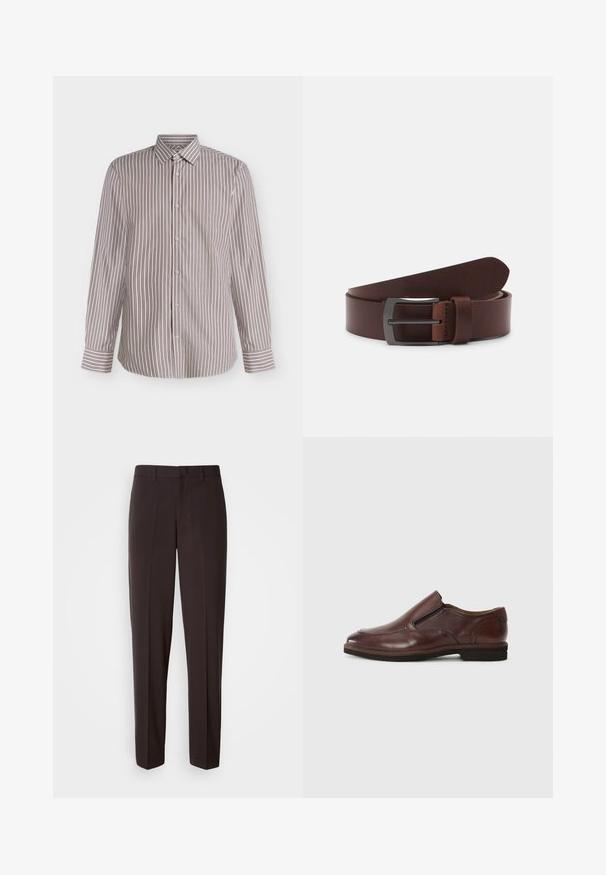 Chemise à manches longues boutonnée avec un col pointu, présentant des rayures verticales marron et blanches sur un fond clair.; Pantalon noir sur mesure de coupe droite, présentant une texture lisse et une taille avec une fermeture à bouton unique.; Chaussure marron en cuir à enfiler, avec un bout arrondi, des accents élastiques sur les côtés et une semelle en caoutchouc basse. Présente des détails de couture discrets le long du bord.; Ceinture en cuir brun avec une texture lisse, dotée d'une pointe courbée et d'une boucle métallique rectangulaire au fini sombre.