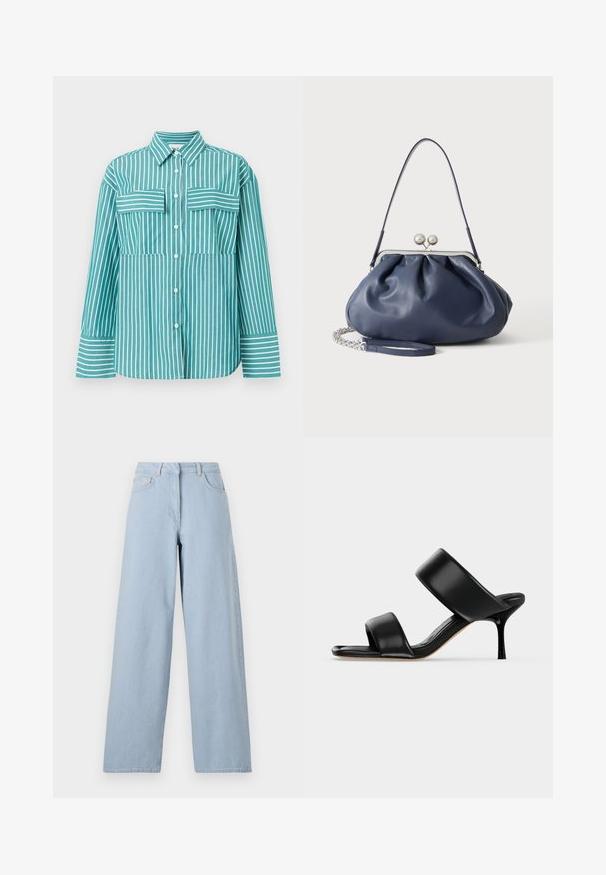 Türkiissinine nööpidega särk, millel on vertikaalsed valged triibud. Omab kahte rinna-taskut, klassikalist kraed ja pikki varrukaid triibuliste mansettidega.; REMAIN COCOON PANTS - Wide leg - light blue; Mustast nahast mule-tüüpi sandaal kahe laia rihmaga ja õhukese keskmise kõrgusega kontsaga lihtsal heledal taustal.; Pehme tumesinine nahast käekott hõbedase klambriga, ühe õlarihmaga ja eemaldatava ketiga randmerihmaga valgel taustal.