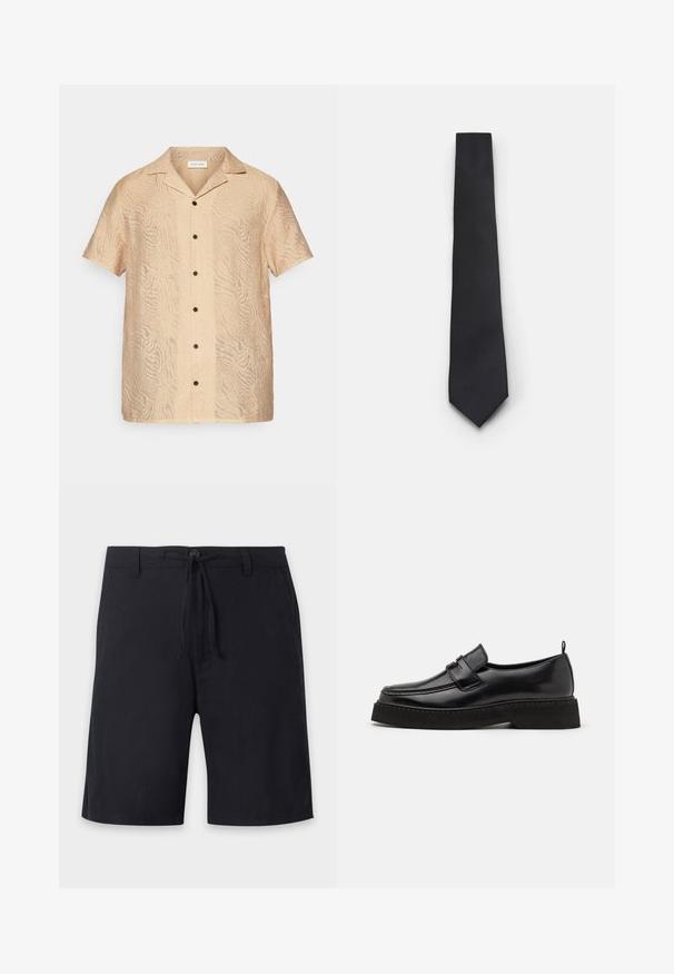 Kurzarmhemd in hellbeige, mit einem strukturierten Wellenmuster, fünf schwarzen Knöpfen und einem klassischen Kragen für einen lässigen Sitz.; Schwarze knielange Shorts mit Gürtelschlaufen, Knopfverschluss und verstellbarem Kordelzug in der Taille.; Schwarze Leder Slipper mit flacher, strukturiertem Sohlen, mit einer gestickten Zehenpartie und einem Riemen über dem Spann.; Schmale schwarze Krawatte mit einem strukturierten, diagonalen Rippmuster. Verfügt über eine spitze Spitze und eine glatte Oberfläche. Geeignet für formelle Anlässe.