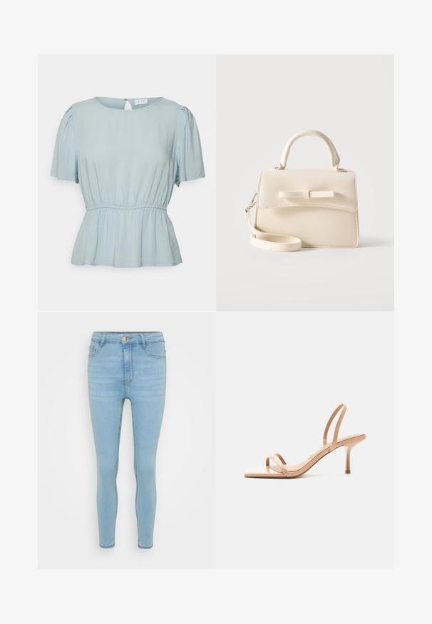 VILA Petite VITRINE O NECK PEPLUM - Bluse - kentucky blue; Lyseblå denim skinny jeans med høj talje, der har en frontlukning med knap og lynlås, fem lommer og diskret falmen.; Beige højhælet sandal med tynde remme over tæerne og om hælen, med firkantet tå og slank stiletthæl på hvid baggrund.; Lille beige håndtaske med top-håndtag, aftagelig rem, forreste klap og dekorativ vandret sløjfe på en ensfarvet baggrund.