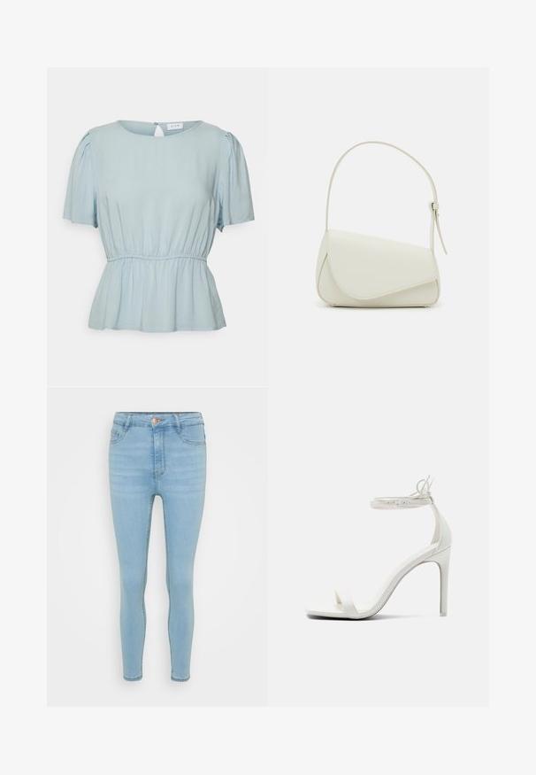 VILA Petite VITRINE O NECK PEPLUM - Pluus - kentucky blue; Heledad sinine teksapüksid kitsas lõikes, kõrge vöökoht, esine nupuga ja tõmbega sulguri, viie tasku ja peene värvikadu.; Call it Spring Kõrge kontsaga sandaalid - white; Valge kunstnahast käekott, millel on struktureeritud kolmnurkne kuju, üks reguleeritav rihm ja kõverjooneline klapp.