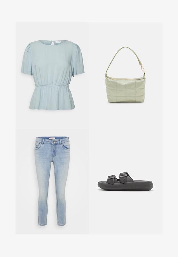 VILA Petite VITRINE O NECK PEPLUM - Μπλούζα - kentucky blue; ONLY Petite ONLKENDELL - Jeans Skinny Fit - light medium blue denim; Μαύρες καουτσούκ σαγιονάρες με υφασμάτινη επιφάνεια, διπλά ρυθμιζόμενα λουριά και επίπεδο πάτο. Ελαφριά σχεδίαση κατάλληλη για καθημερινή χρήση.; Πληρωμένη πράσινη τσάντα ώμου με μαλακή υφή, ορθογώνιο σχήμα, μονή ιμάντα και χρυσή φερμουάρ κλείσιμο. Διαθέτει ραμμένο σχέδιο.