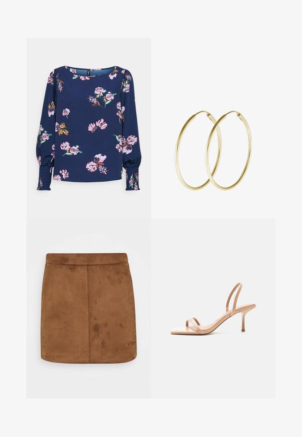 Vero Moda Petite VMLYDIA SMOCK - Pluus - navy blazer/lana; Pruun nahkminiseelik, millel on sile tekstuur, sirge lõige ja ilma õmblusteta vöökoht, minimalistliku disainiga, ilma mustrite ja kaunistusteta.; Beež kõrgete kontsadega sandaal, millel on õhukesed rihmad varvaste kohal ja kanna ümber, varvasteosas kandiline ning saleda kontsaga, valgel taustal.; Kuldne rõngaskõrvarõngad, millel on sujuv ja ümar disain, ning läikiv viimistlus. Kerge konstruktsioon koos kindla klambriga.