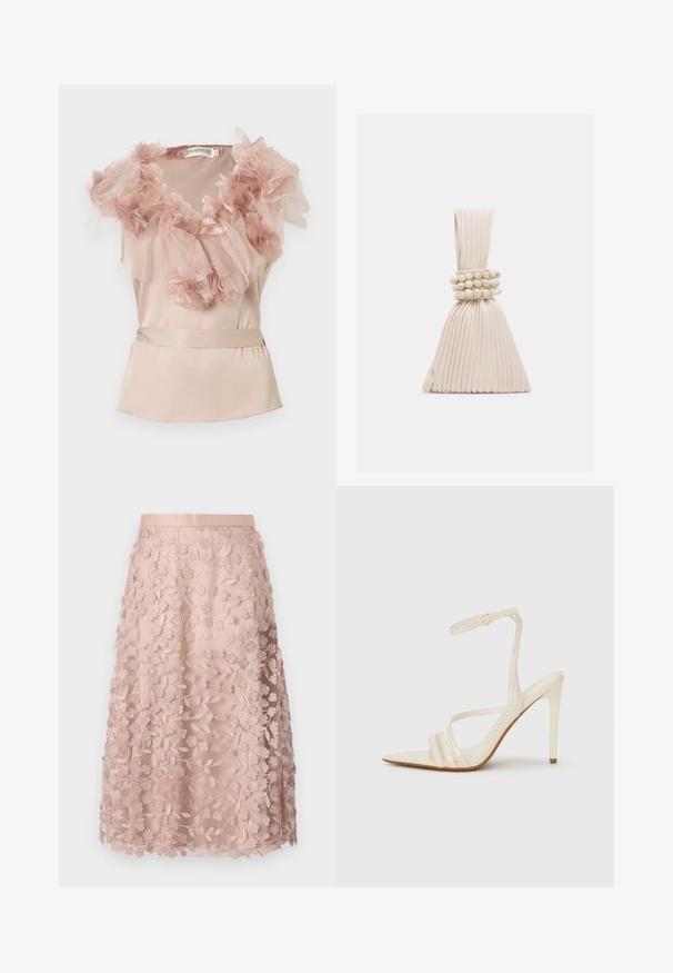 Mouwloze lichtroze satijnen blouse met een bijpassende ceintuur, versierd met gelaagde tule en stoffen bloemen rond de halslijn en schouders.; Lace midi-rok in zacht roze met bloemborduursels, voorzien van een aansluitende tailleband en gelaagd ontwerp, wat een delicate textuur benadrukt.; Beige sandalen met hoge hak en een puntige neus, voorzien van drie voorste bandjes en een dunne enkelband met een gesp. Gladde textuur, minimalistisch ontwerp.; Kleine beige handtas met plooien, voorzien van een geknoopt handvat en drie ronde kralenarmbanden die rond het midden zijn gewikkeld.