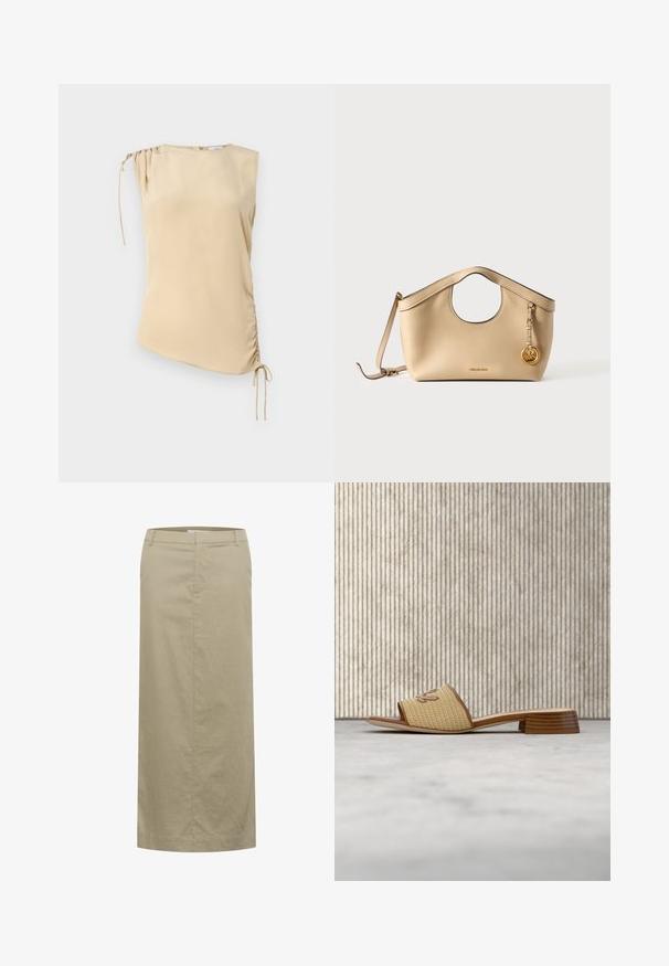 Beige ilmanhihaista toppia, jossa on epäsymmetrinen helma, olkapäässä on rypytetty osa ja toisella puolella säädettävät soljet. Sileä pinta.; Beige pellavahame midi, jossa on litteä vyötärönauha, sivutaskut ja suora siluetti. Hameessa on minimaalinen ompelu ja ei näkyvää metalliosaa.; Beigenvärinen avoin varvasliuku, jossa matala puukorko ja remmissä kirjailtu "Karl", sijoitettuna lähelle ruskeaa kiiltävää pyöreää pöytää.; Beigen värinen nahkainen käsilaukku, jossa pyöreä yläkahva, irrotettava olkahihna ja kullanvärinen MK-logon koriste yksivärisellä valkoisella taustalla.