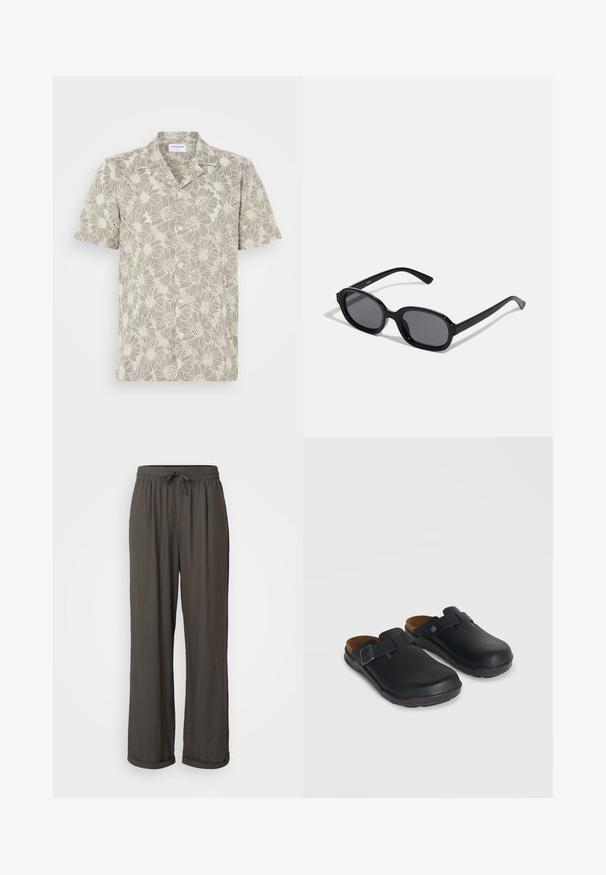 Chemise à manches courtes en beige clair avec un motif en dentelle florale, boutons sur le devant et un design de col classique.; Pantalons larges gris foncé avec taille à cordon, fabriqués dans un tissu doux et texturé, présentant des ourlets retroussés aux chevilles.; Sabots noirs à enfiler avec des brides latérales réglables à boucle et semelles intérieures en liège moulées sur un fond neutre.; Zign by Zalando Lunettes de soleil - black