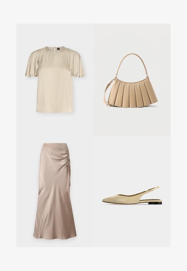 Blouse en satin couleur crème avec manches courtes volantées et encolure ronde, fermeture éclair au dos.; Jupe midi en satin de couleur beige douce, avec des détails froncés sur les côtés et une silhouette droite légèrement évasée à l'ourlet.; Chaussure plate beige à bout pointu avec bride arrière, petit talon noir et finition en cuir lisse, vue de côté sur un fond uni.; Sac bandoulière beige plissé avec poignée arrondie sur le dessus et bandoulière amovible, en cuir lisse avec un détail de logo subtil près de la base.