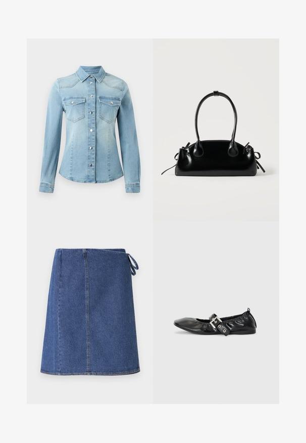 JDY JDYMOON SHIRT - Overhemdblouse - medium blue denim; Denim wikkelrok in donkerblauw. Heeft een rechte snit, zichtbare stiksels en een zijsluiting voor aanpassing. Glad textuur en standaard zoomlijn.; Zwarte leren platte schoen met een spitse neus, geplooide details rond de opening en een zilveren gespaccentueerde verstelbare band.; Kleine zwarte glanzende handtas met twee lange hengsels en zijkant trekkoord details op een effen lichte achtergrond.
