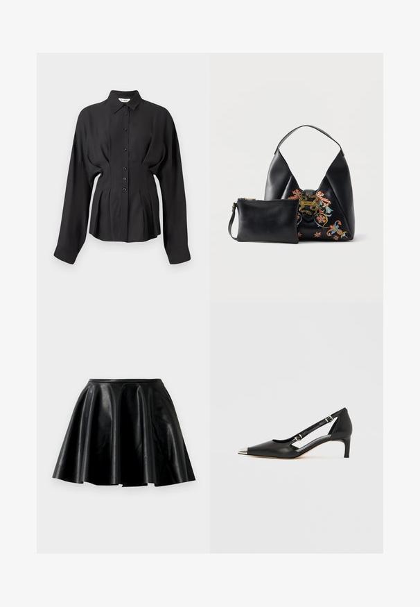 Chemise noire à manches longues en tissu lisse, avec un devant boutonné, un ourlet arrondi et des détails froncés à la taille pour un ajustement cintré.; Jupe évasée en cuir noir au toucher lisse, avec un ourlet large et une taille ajustée. La surface a un éclat subtil et ne présente aucun embellissement visible.; Escarpin en cuir noir à petit talon en forme de kit avec embout pointu argenté et doubles sangles à boucle sur fond blanc.; Sac à main en cuir noir avec broderie florale et fermoir serpent doré, accompagné d'une petite pochette noire assortie zippée.