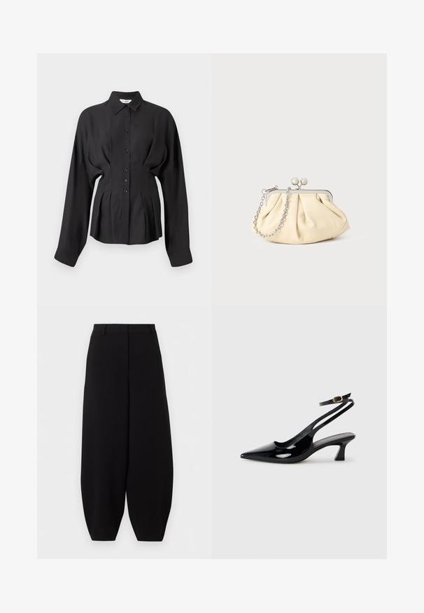 Chemise noire à manches longues en tissu lisse, avec un devant boutonné, un ourlet arrondi et des détails froncés à la taille pour un ajustement cintré.; Pantalon noir à jambes larges et courtes, taille haute, sans poches visibles ni ornements.; Escarpins à brides arrière en cuir verni noir, à bout pointu, avec un petit talon carré et une sangle de cheville ajustable dotée d'une boucle dorée.; Pochette en cuir beige plissé avec un cadre en métal argenté, dotée de deux fermoirs ronds décoratifs et d'une chaîne en argent.