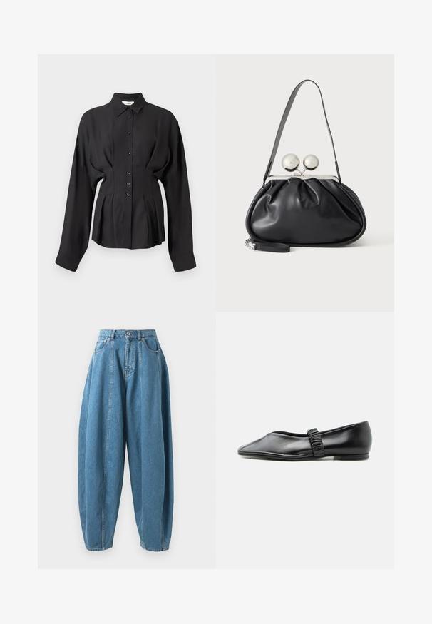 Sort langærmet skjorte i et glat stof, med knaplukning foran, buet kant og rynkede detaljer i taljen for en skræddersyet pasform.; Højtsiddende, løstsiddende blå denim jeans med folder, forlommer, bæltesløjfer og knap- og lynlåslukning.; Sort læder flad sko med en rynket rem over toppen og en let spids tå, vist mod en ensfarvet baggrund.; Sort læderhåndtaske med opsamlet design, en enkelt rem, sølv metalramme og to store runde sølv lukninger.