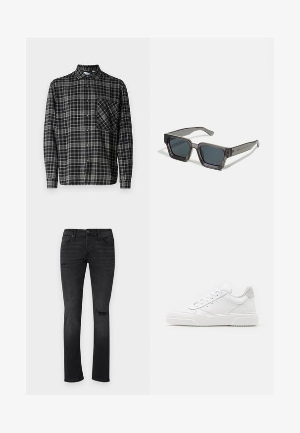 Only & Sons Lumberjack ONSARCHER Lumberjack - Skjorter - black; Sorte denimjeans med slim fit, med synlige slidte områder ved knæene, fem lommer og en standard knap- og lynlåslukning.; Hvide lædersneakers med en glat finish, rund tå, flade snørebånd og en struktureret sål. Grå ruskindsdetalje ved hælen.; Jack & Jones JACPETER SUNGLASSES UNISEX - Solbriller - grey