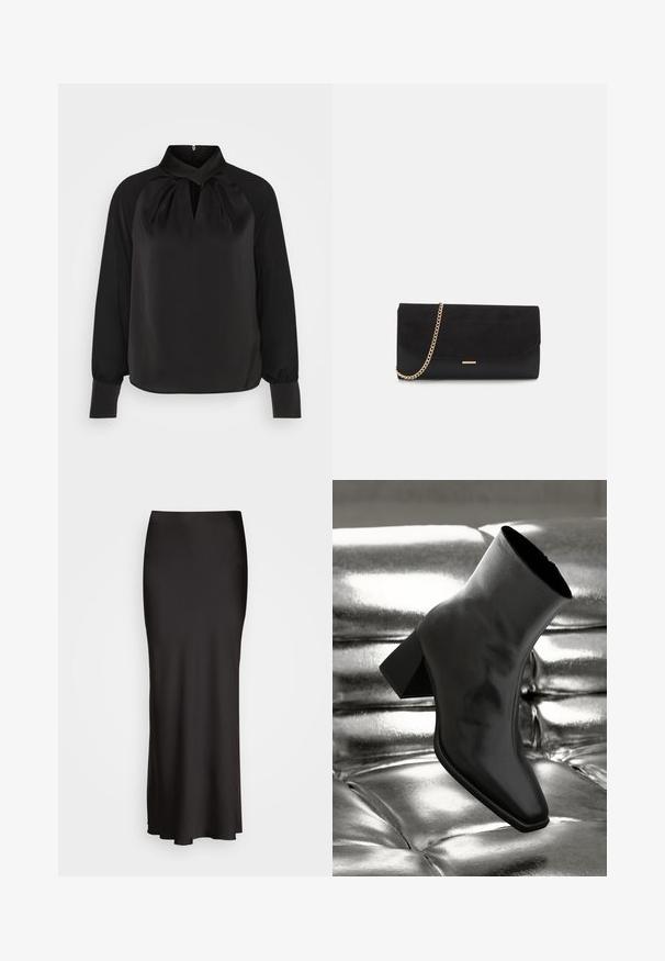 Blouse en satin noir avec un col montant, des détails plissés au niveau du cou, et des manches longues avec des poignets ajustés. Texture lisse, design minimaliste.; Jupe en satin noire, longue jusqu'au sol, avec une texture lisse, une taille ajustée et une silhouette en A, sans ornements ni motifs visibles.; Botte noire à la cheville en matériau brillant avec un bout carré et un talon effilé, sur un fond argenté brillant et capitonné.; Porte-monnaie noir en daim avec une finition texturée, doté d'une chaîne dorée et d'un design épuré et angulaire.