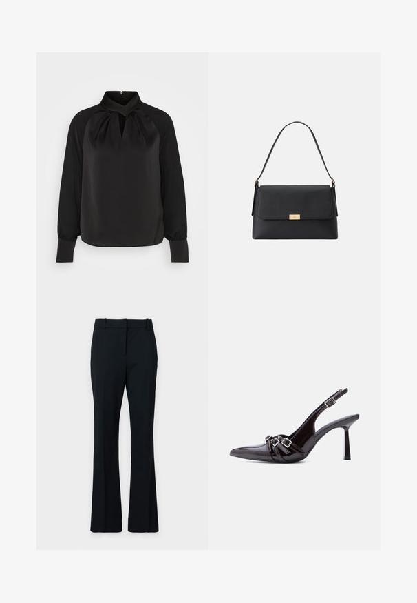 Blusa de satén negra con cuello alto, detalles plisados en el cuello y mangas largas con puños ajustados. Textura suave, diseño minimalista.; Pantalones de campana negros, hechos de una tela suave. Presentan un frente plano, pasadores para cinturón y un corte entallado que se ensancha gradualmente hacia el fondo.; Zapato de tacón alto tipo slingback de charol negro con punta afilada y tres correas decorativas con hebillas sobre la parte superior.; Bolso de mano negro hecho de un material texturizado con una forma estructurada. Presenta un cierre de solapa, un acento en tono dorado y un asa sencilla.