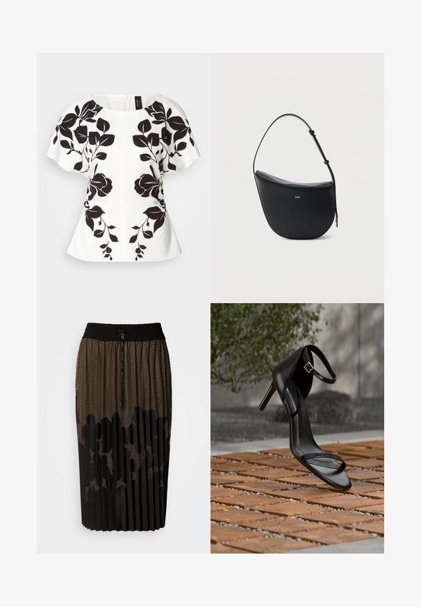 Haut blanc avec un motif floral noir, manches courtes et décolleté arrondi. Silhouette structurée avec un ourlet style peplum. Fermeture éclair à l'arrière.; Jupe plissée noire avec une superposition en maille ornée d'un motif à pois, taille élastique avec cordon de serrage et coupe mi-longue.; Sandale noire à talon haut avec sangle à la cheville, suspendue au-dessus d'un sol en carreaux de bois à l'extérieur, avec un arrière-plan flou de verdure et de pierre.; Sac à bandoulière en cuir noir en forme de demi-lune avec une bandoulière réglable et le logo doré « BOSS » centré sur le devant.