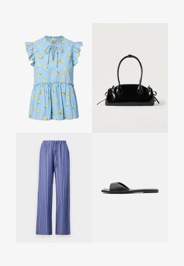 Blouse sans manches bleu clair avec manches volantes, imprimé citron, encolure goutte d'eau et détail noué au cou.; Pantalons larges rayés bleu et blanc avec une taille élastique, fabriqués en tissu léger, présentant une coupe décontractée et une texture lisse.; Des sandales en slide noires présentent un matériau synthétique lisse, un design ouvert à l'avant et une semelle plate avec une bande d'accent minimaliste sur le côté.; Petit sac à main noir brillant avec deux longues anses et des détails à cordon sur les côtés sur un fond clair uni.