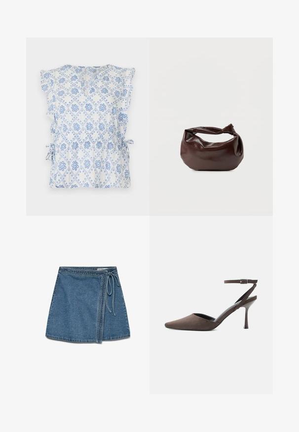 Witte blouse met blauw bloemen- en diamantpatroon, ruches aan de mouwen en zijstrikjes voor een verstelbare pasvorm. Lichtgewicht stof met een gestructureerd gevoel.; Lichtblauwe denim wikkelrok met een strik in de taille, met een rechte snit en een gladde textuur. Geen zichtbare patronen of accenten.; Bruine suède hoge hakken met spits toelopende neus, dunne enkelriem en zilveren gesp op een witte achtergrond.; Donkerbruine leren schoudertas met een zachte, slungelige vorm en een gedraaide knoopvormige handgreep op een effen witte achtergrond.